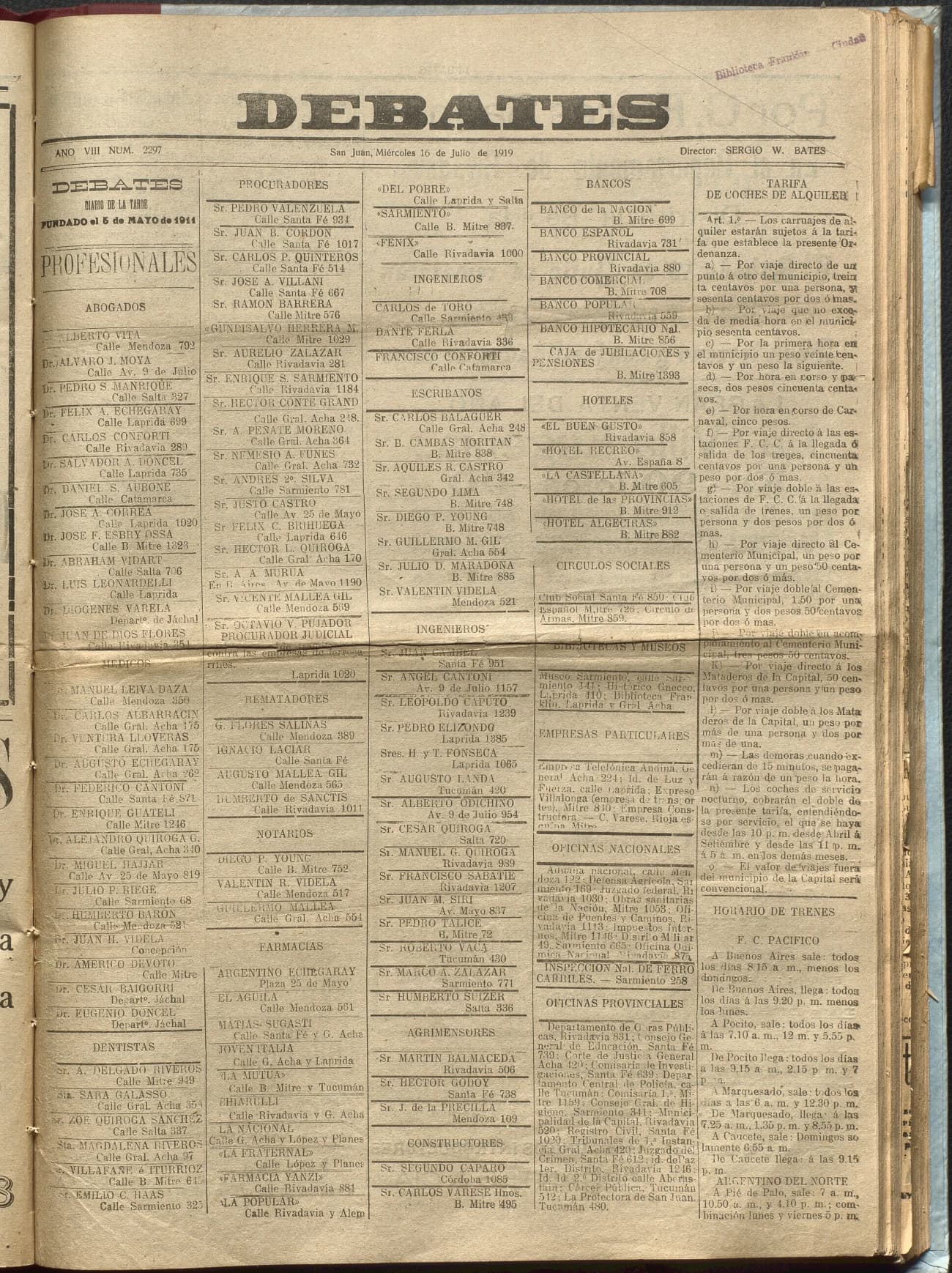 Portada · Diario Debates del 16 de julio de 1919