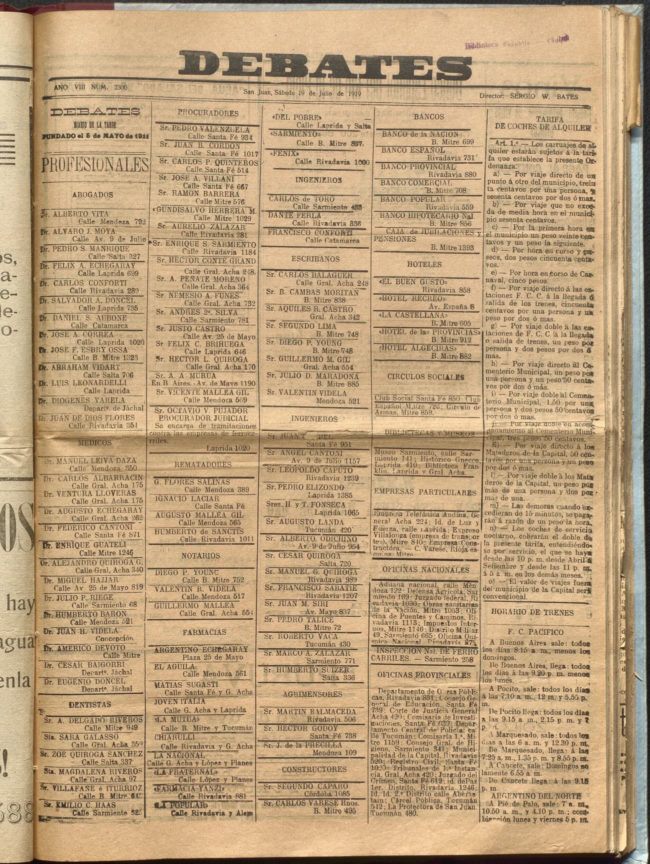 Portada · Diario Debates del 19 de julio de 1919