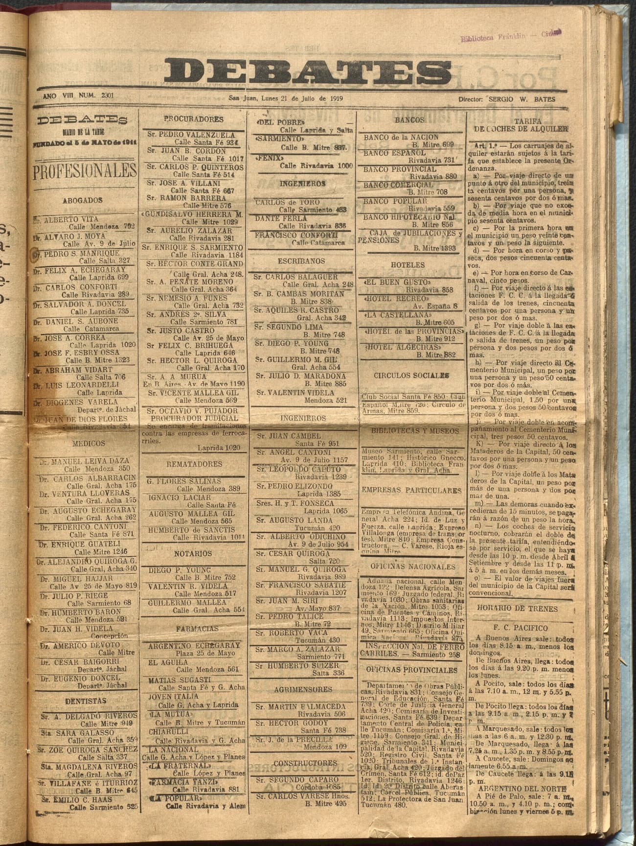 Portada · Diario Debates del 21 de julio de 1919