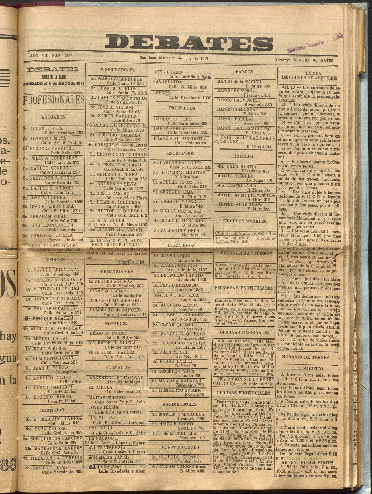 Portada · Diario Debates del 22 de julio de 1919