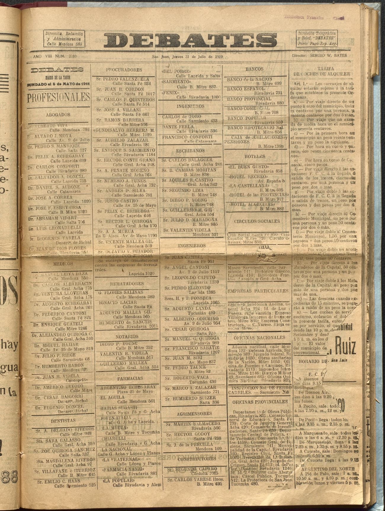 Portada · Diario Debates del 31 de julio de 1919