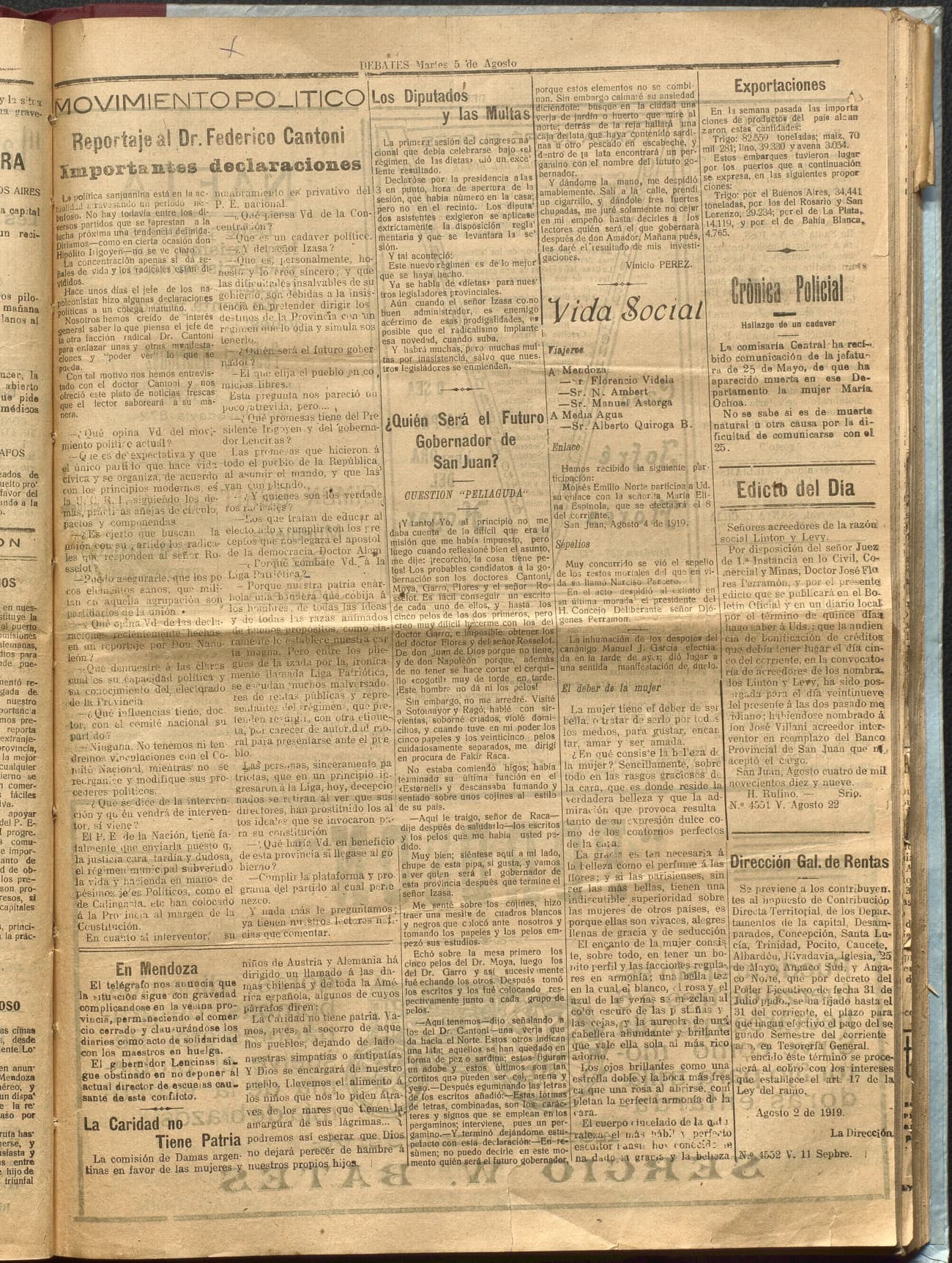 Portada · Diario Debates del 5 de agosto de 1919