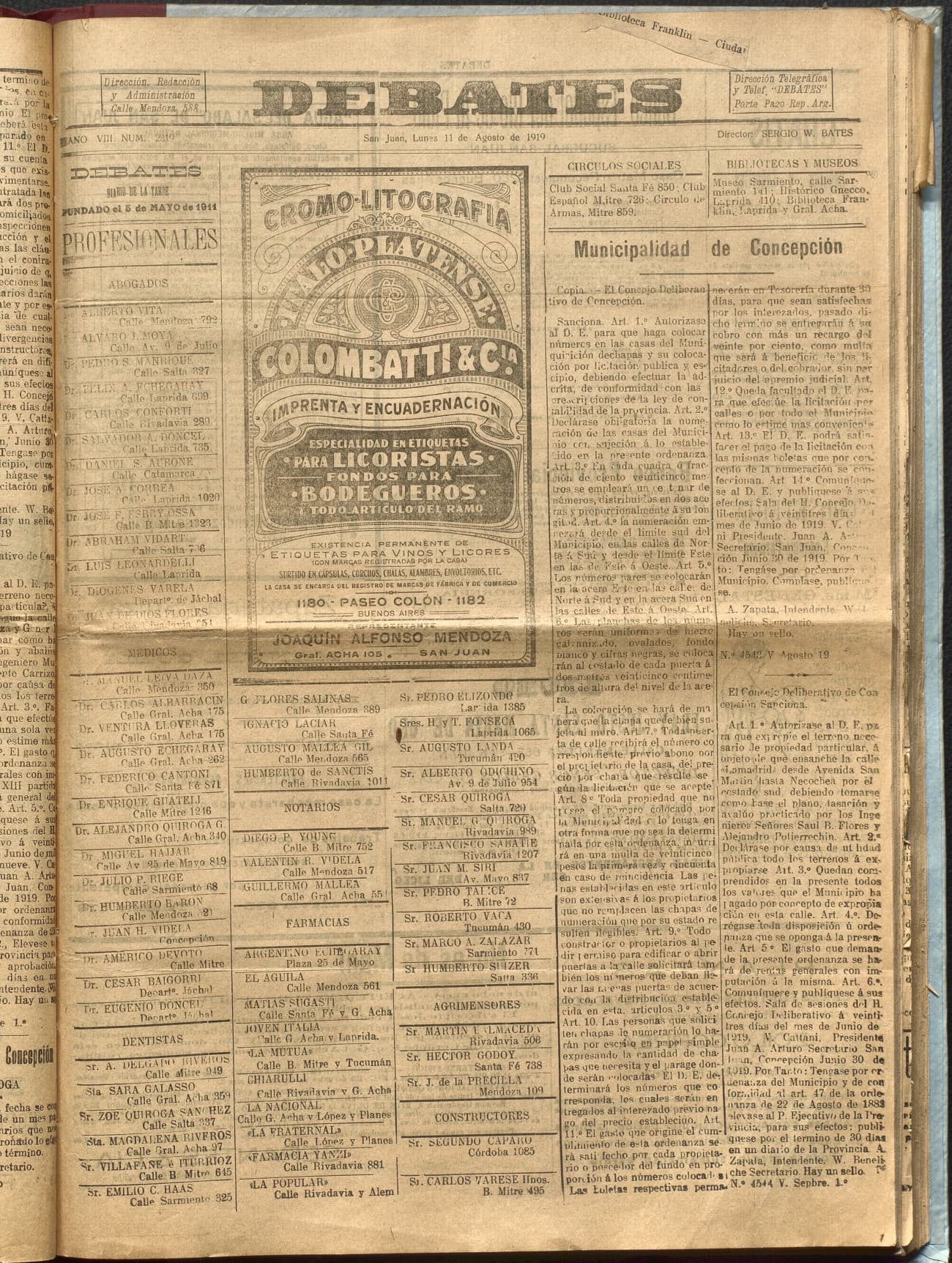 Portada · Diario Debates del 11 de agosto de 1919