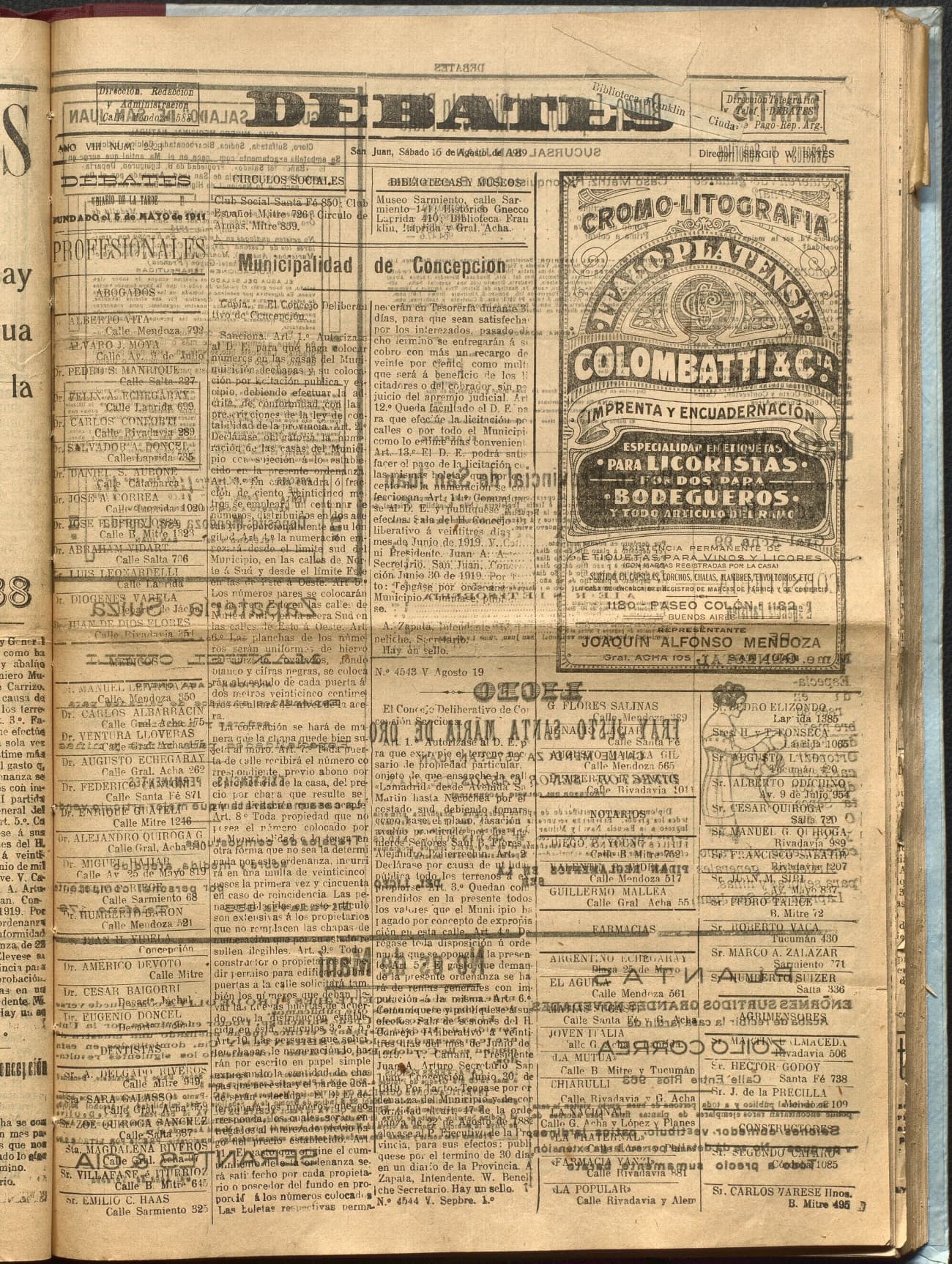Portada · Diario Debates del 16 de agosto de 1919
