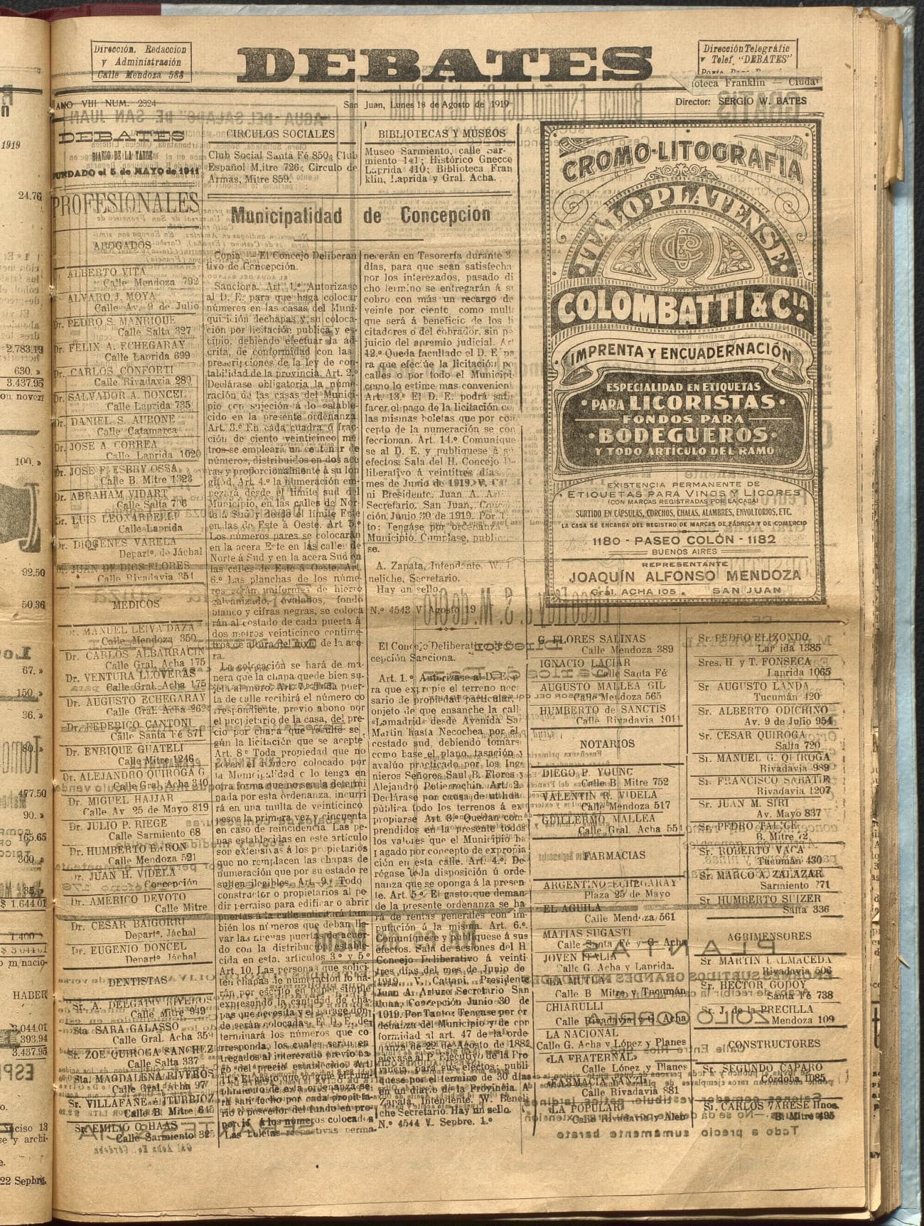 Portada · Diario Debates del 18 de agosto de 1919