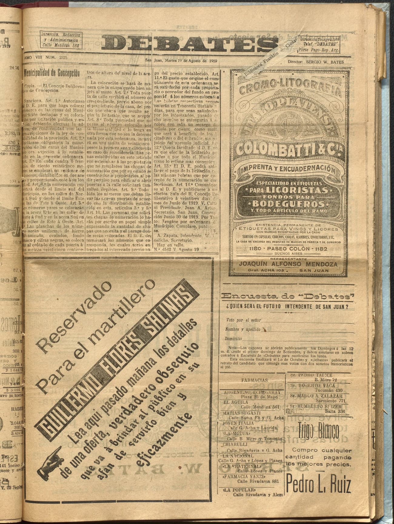 Portada · Diario Debates del 19 de agosto de 1919