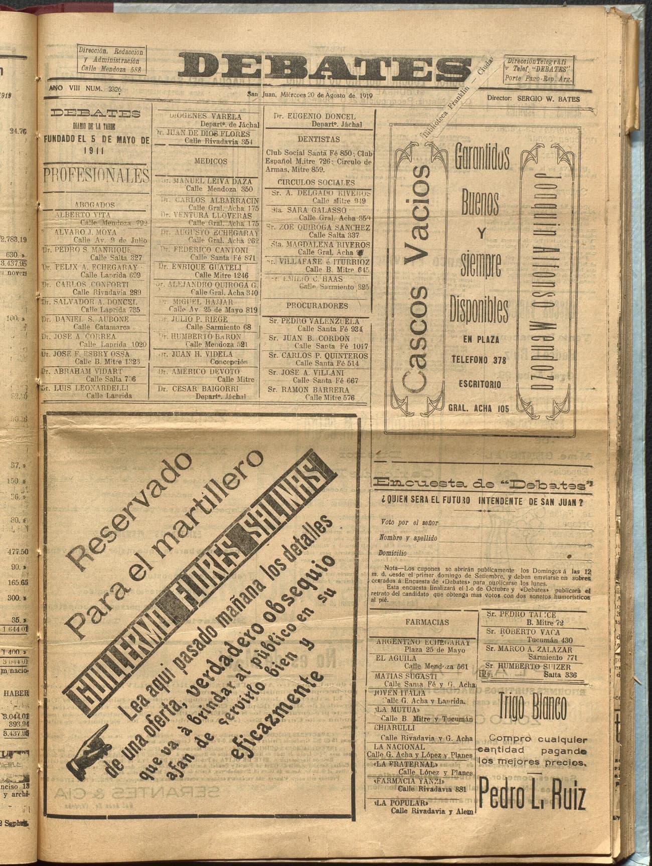 Portada · Diario Debates del 20 de agosto de 1919