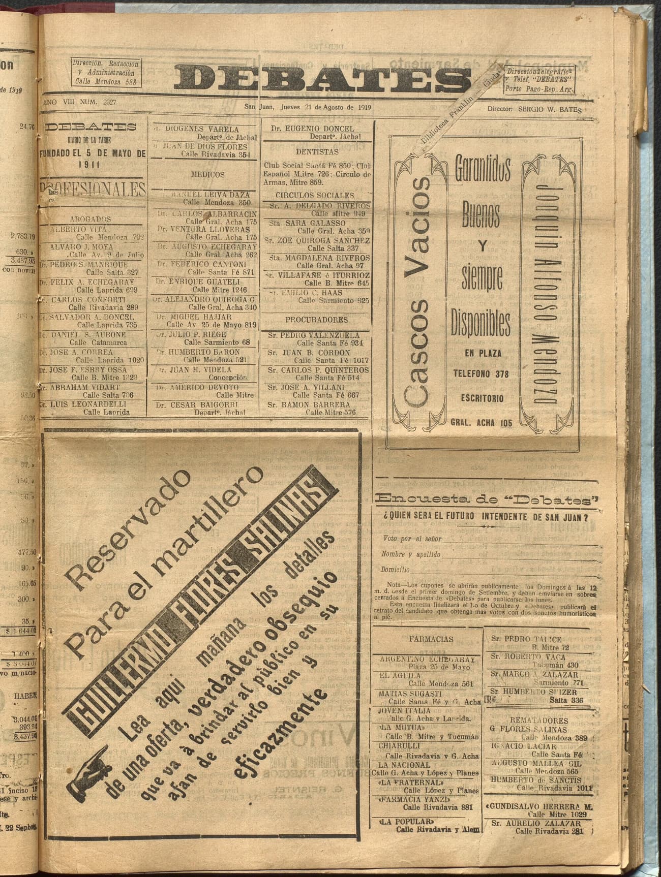 Portada · Diario Debates del 21 de agosto de 1919