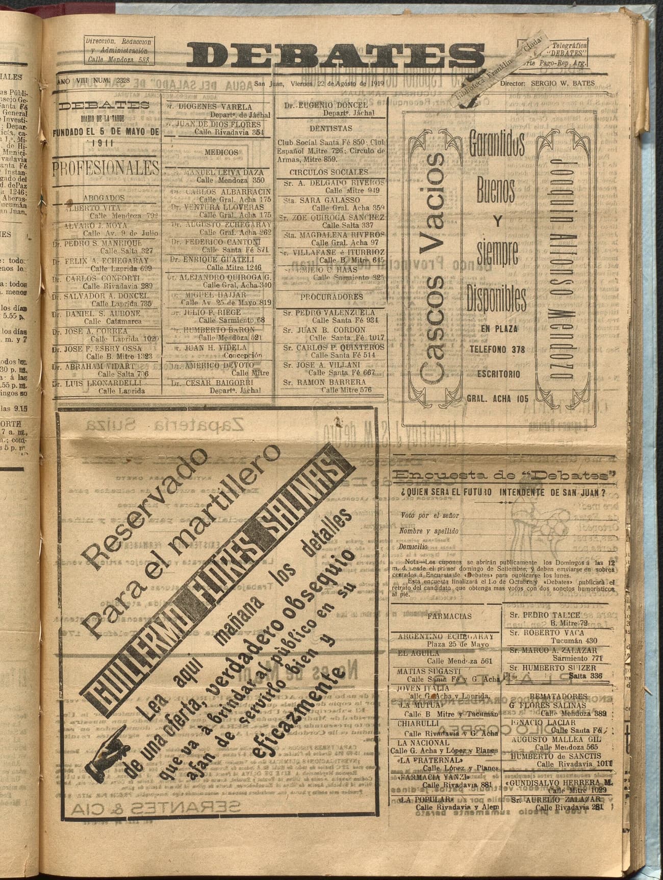 Portada · Diario Debates del 22 de agosto de 1919
