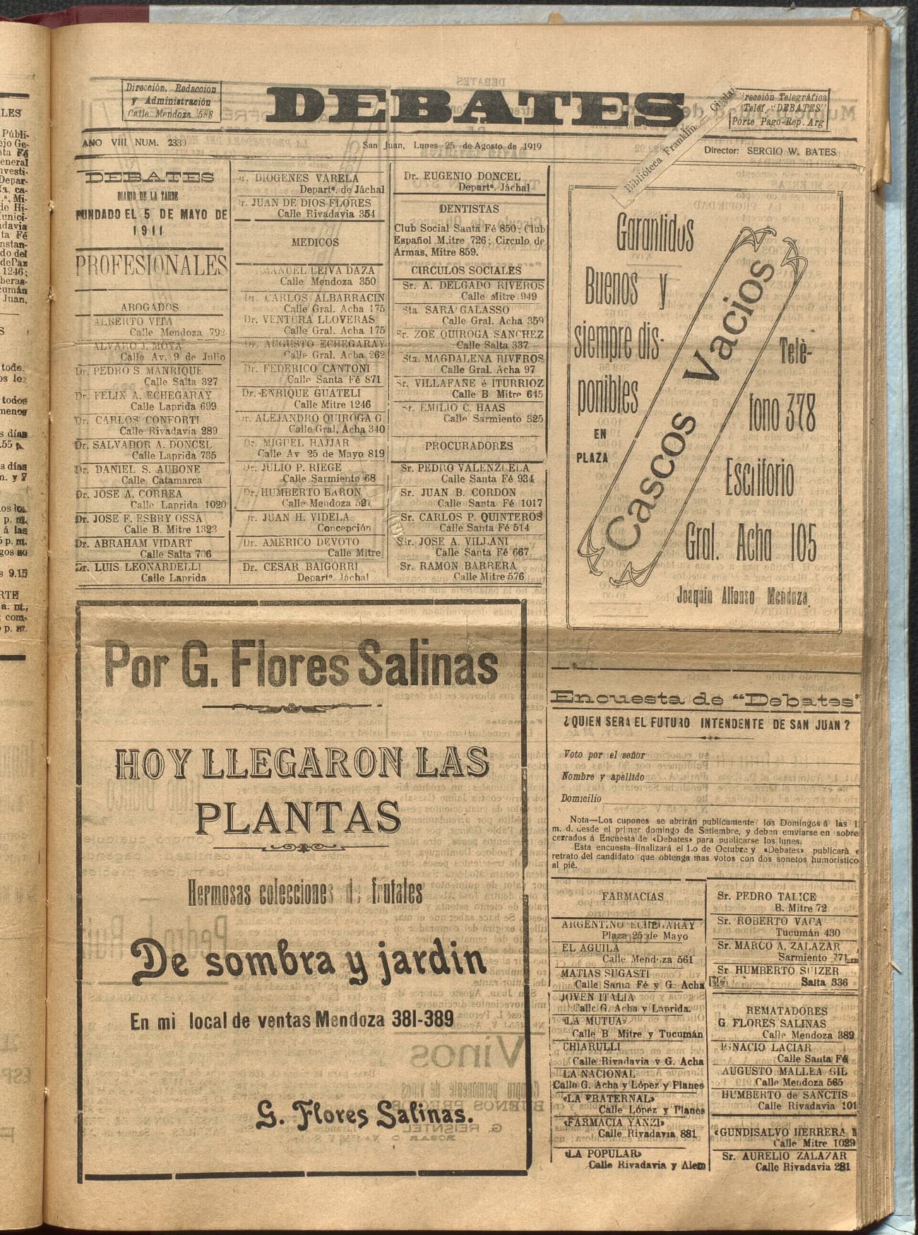 Portada · Diario Debates del 25 de agosto de 1919