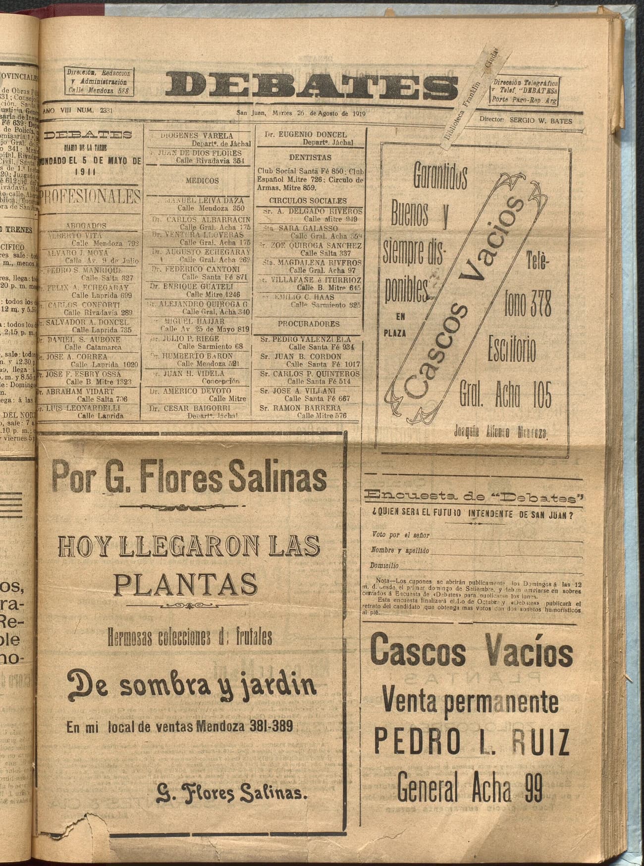 Portada · Diario Debates del 26 de agosto de 1919