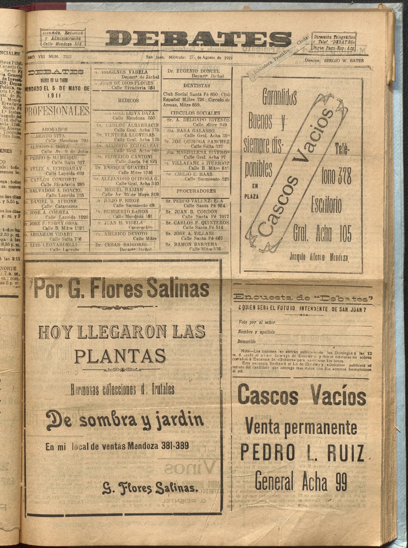 Portada · Diario Debates del 27 de agosto de 1919