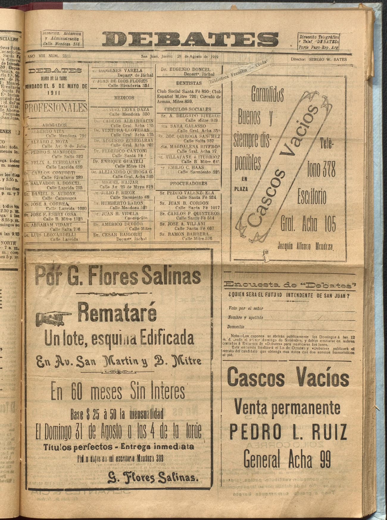 Portada · Diario Debates del 28 de agosto de 1919