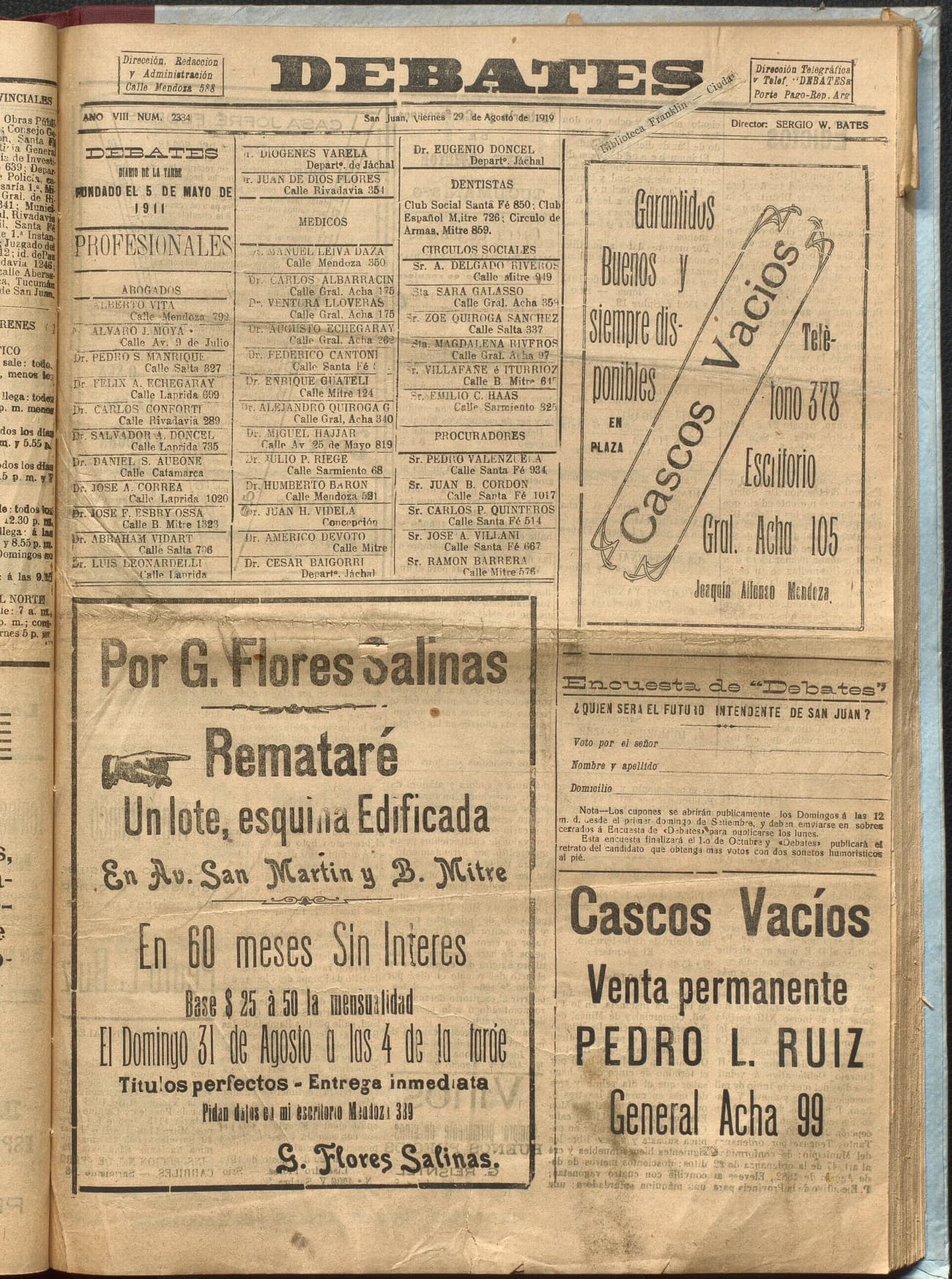 Portada · Diario Debates del 29 de agosto de 1919
