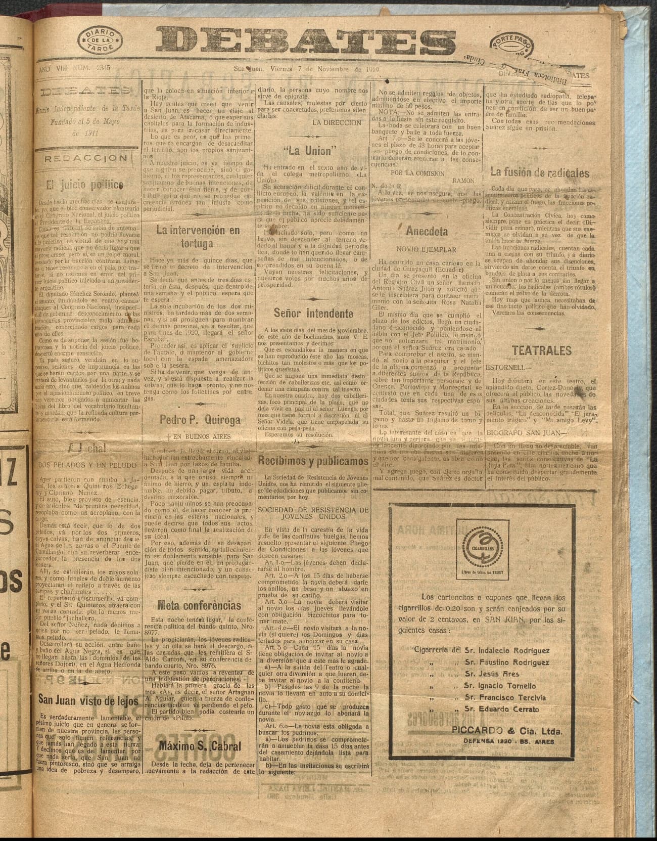 Portada · Diario Debates del 7 de noviembre de 1919