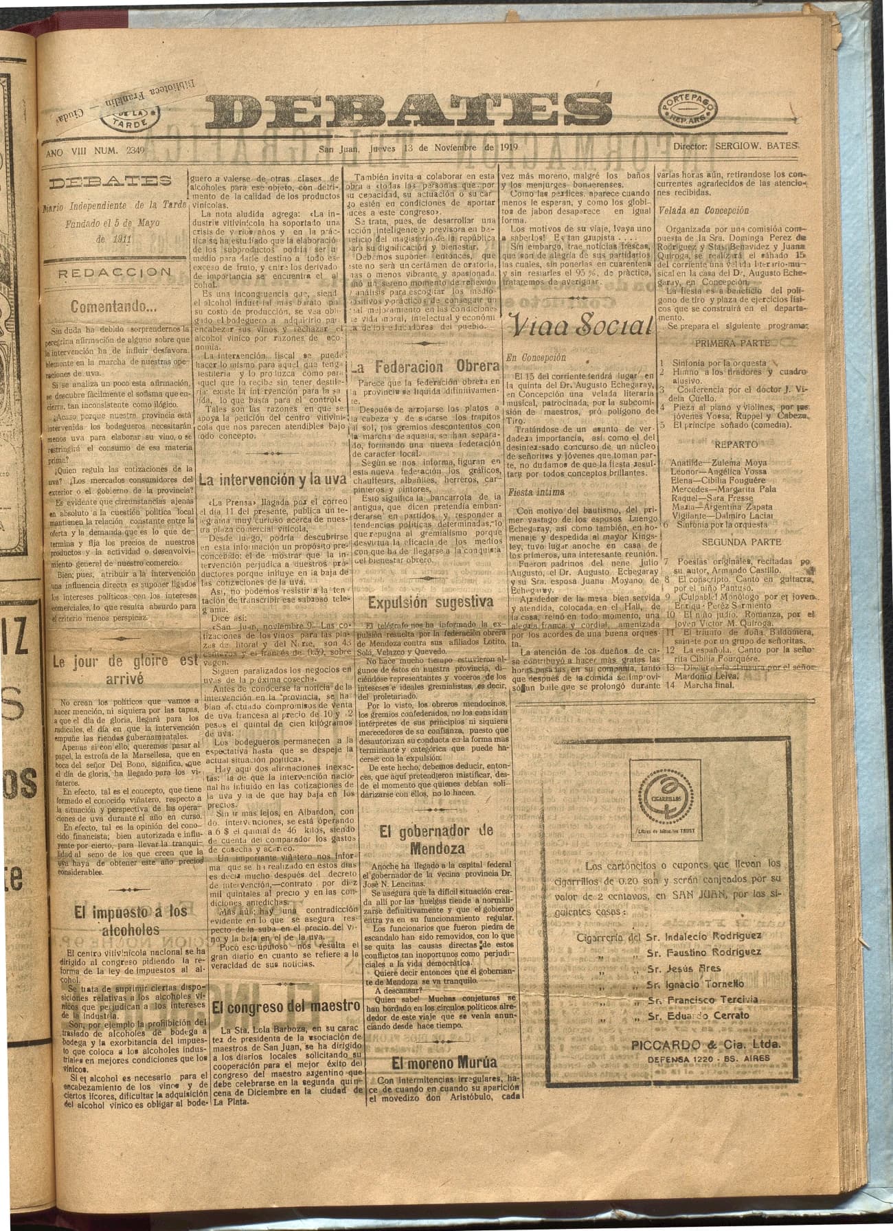 Portada · Diario Debates del 13 de noviembre de 1919
