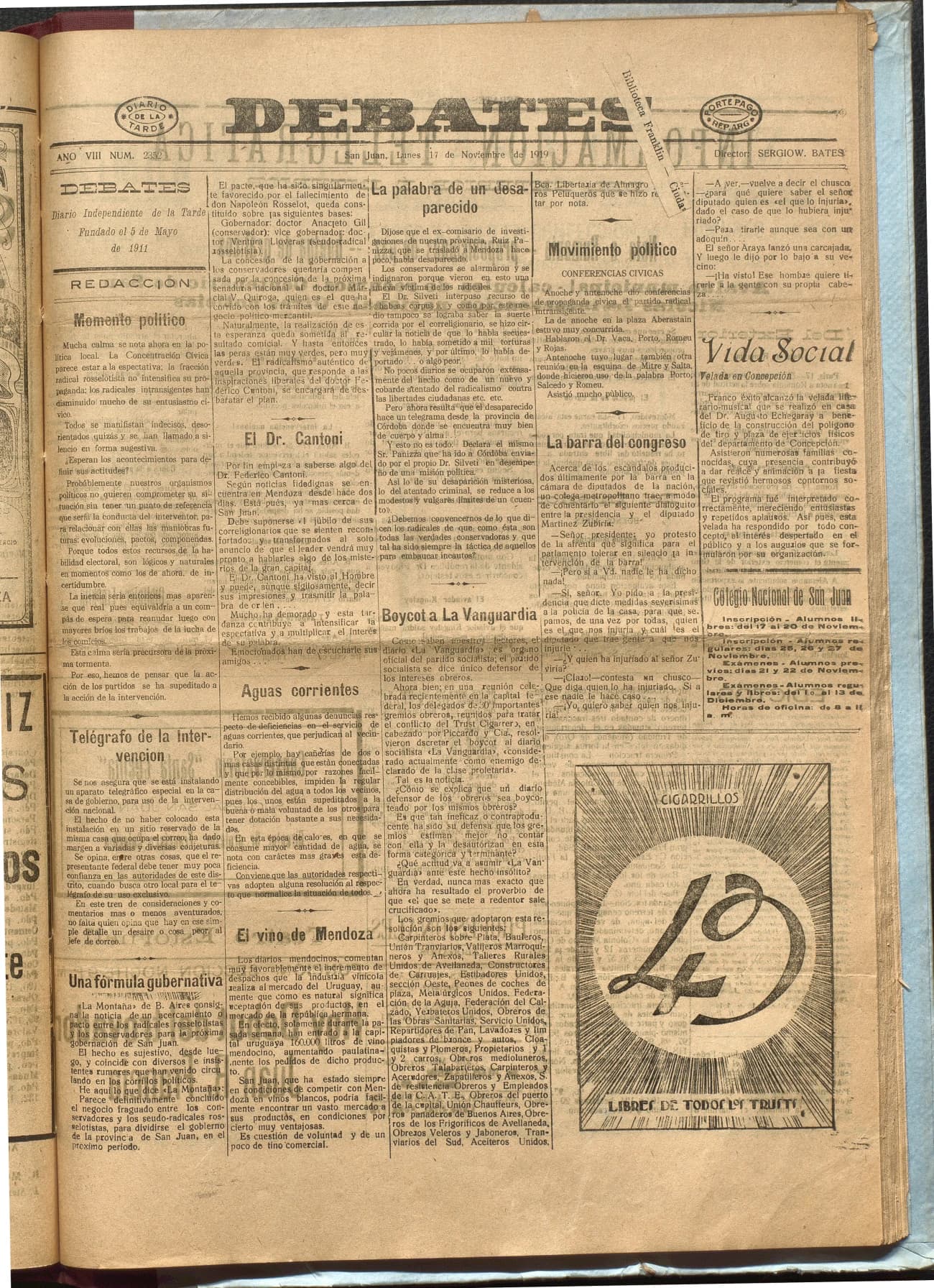 Portada · Diario Debates del 17 de noviembre de 1919