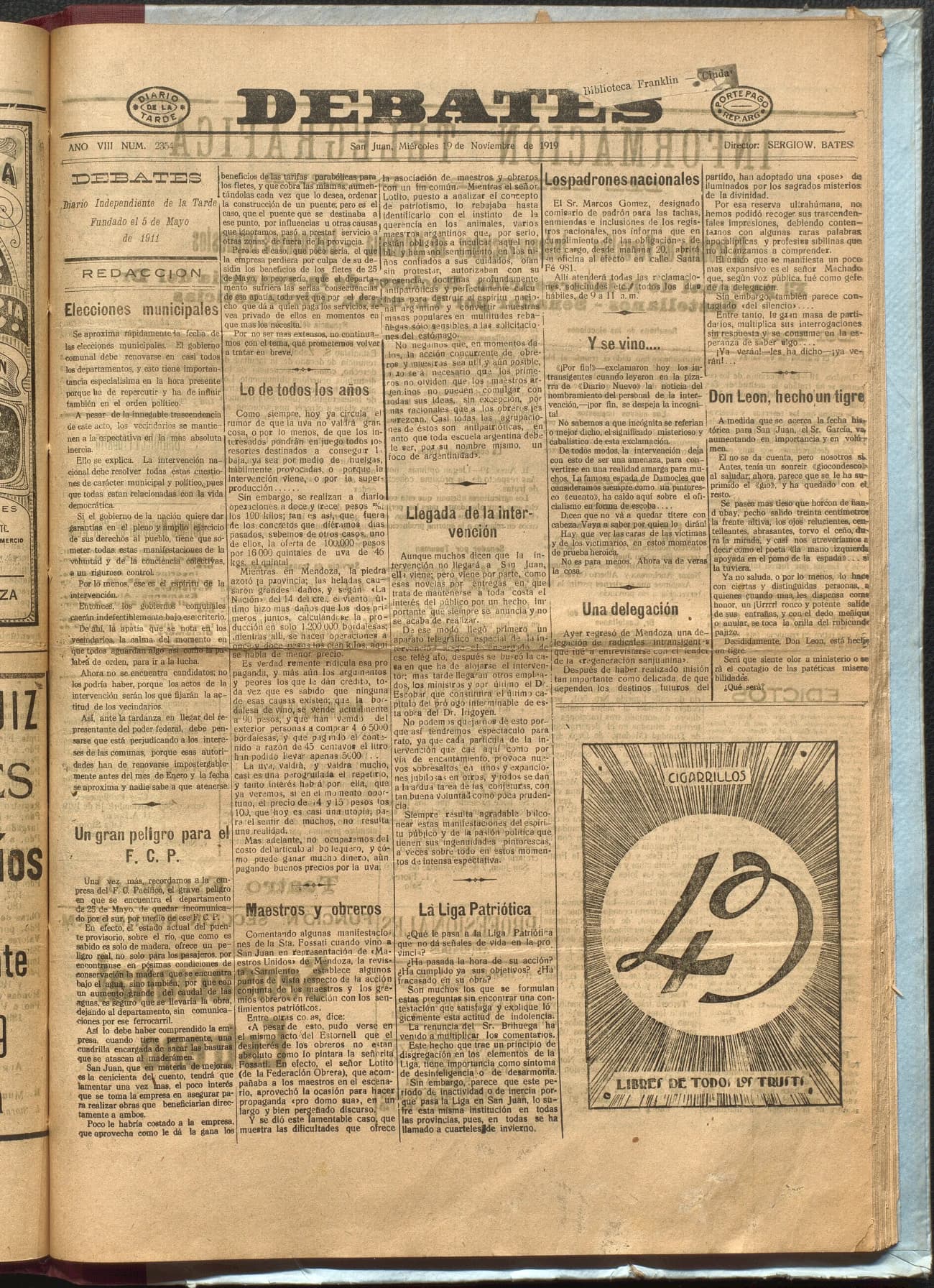 Portada · Diario Debates del 19 de noviembre de 1919