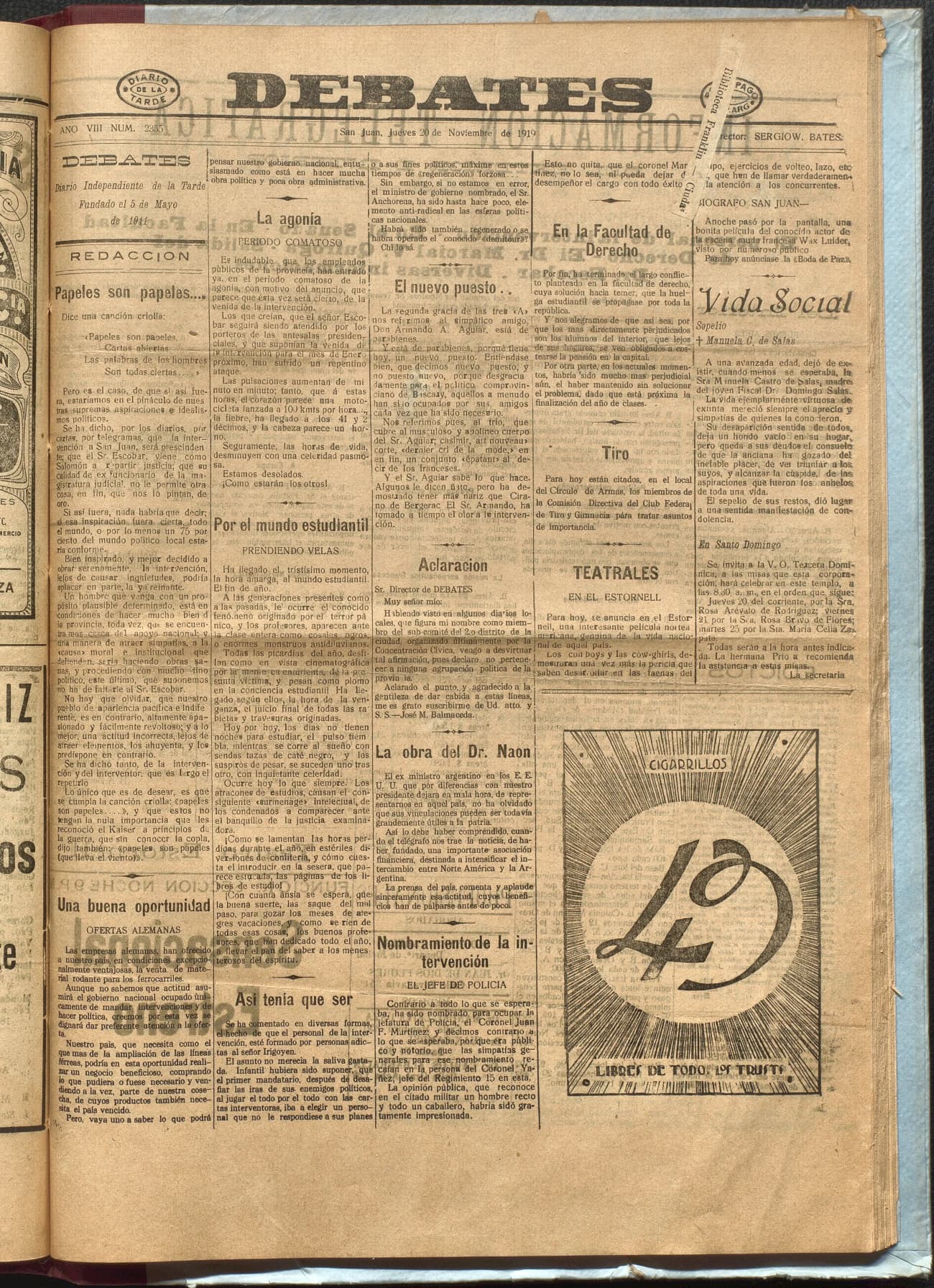 Portada · Diario Debates del 20 de noviembre de 1919
