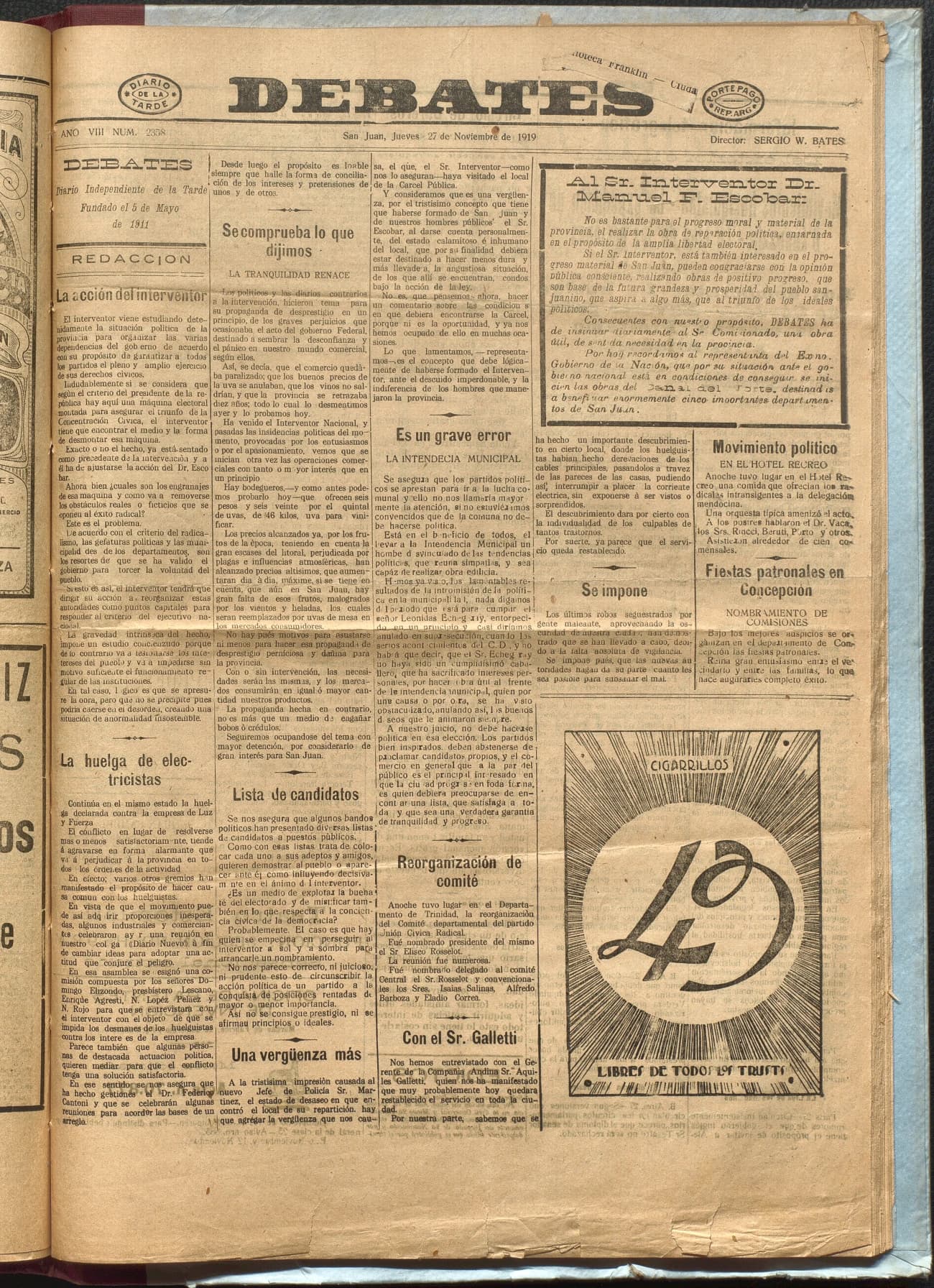 Portada · Diario Debates del 27 de noviembre de 1919