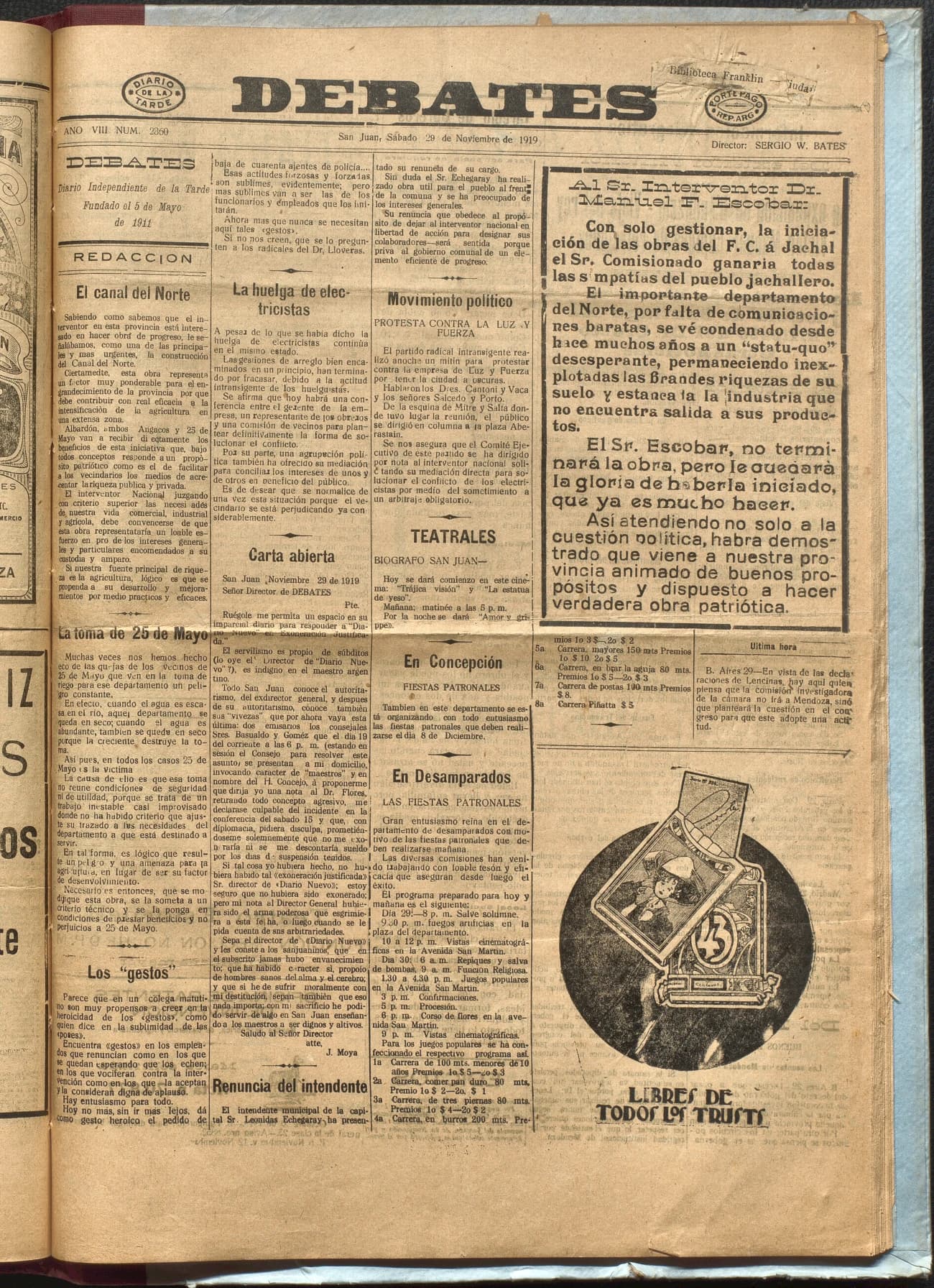 Portada · Diario Debates del 29 de noviembre de 1919