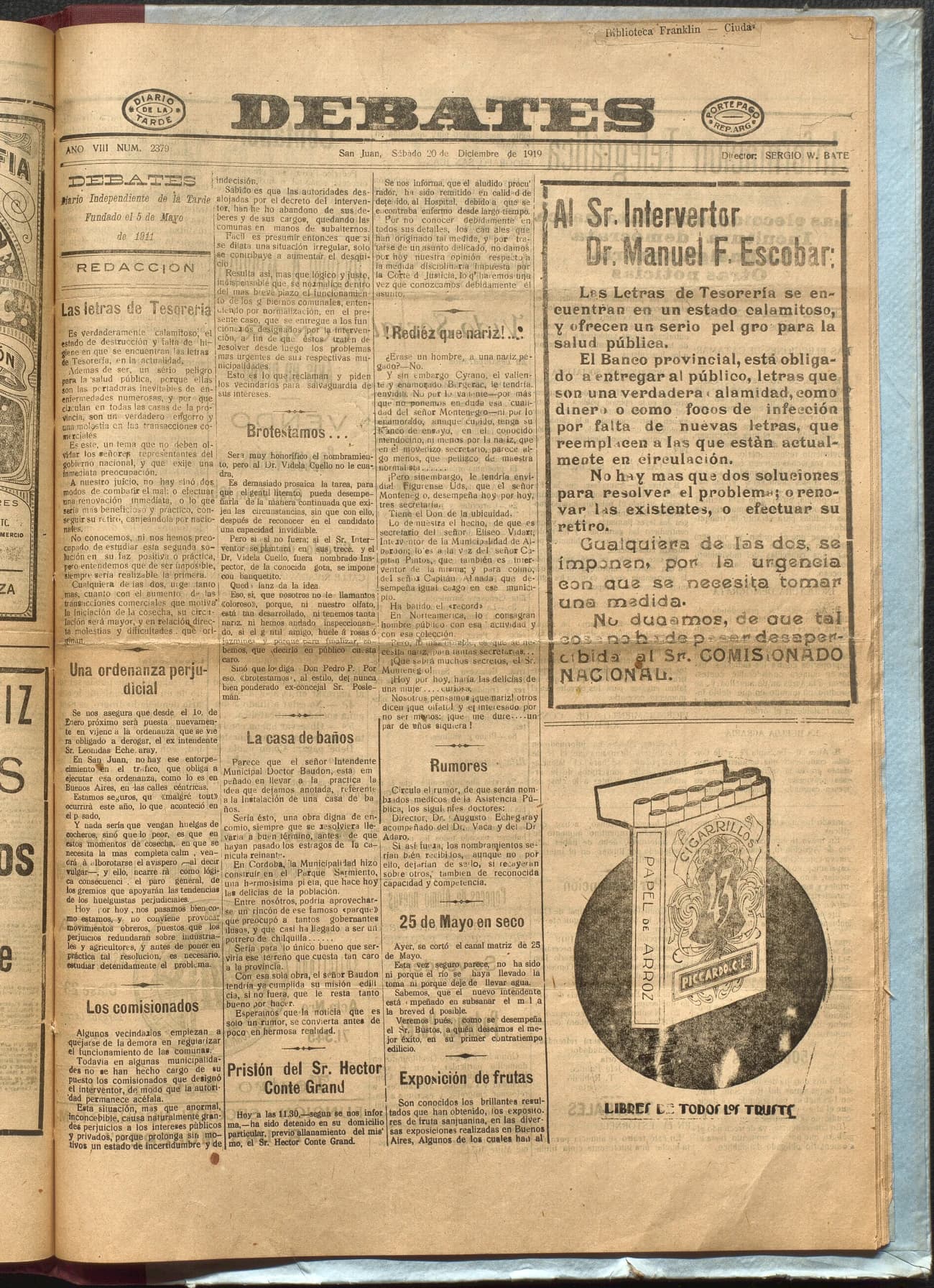 Portada · Diario Debates del 20 de diciembre de 1919