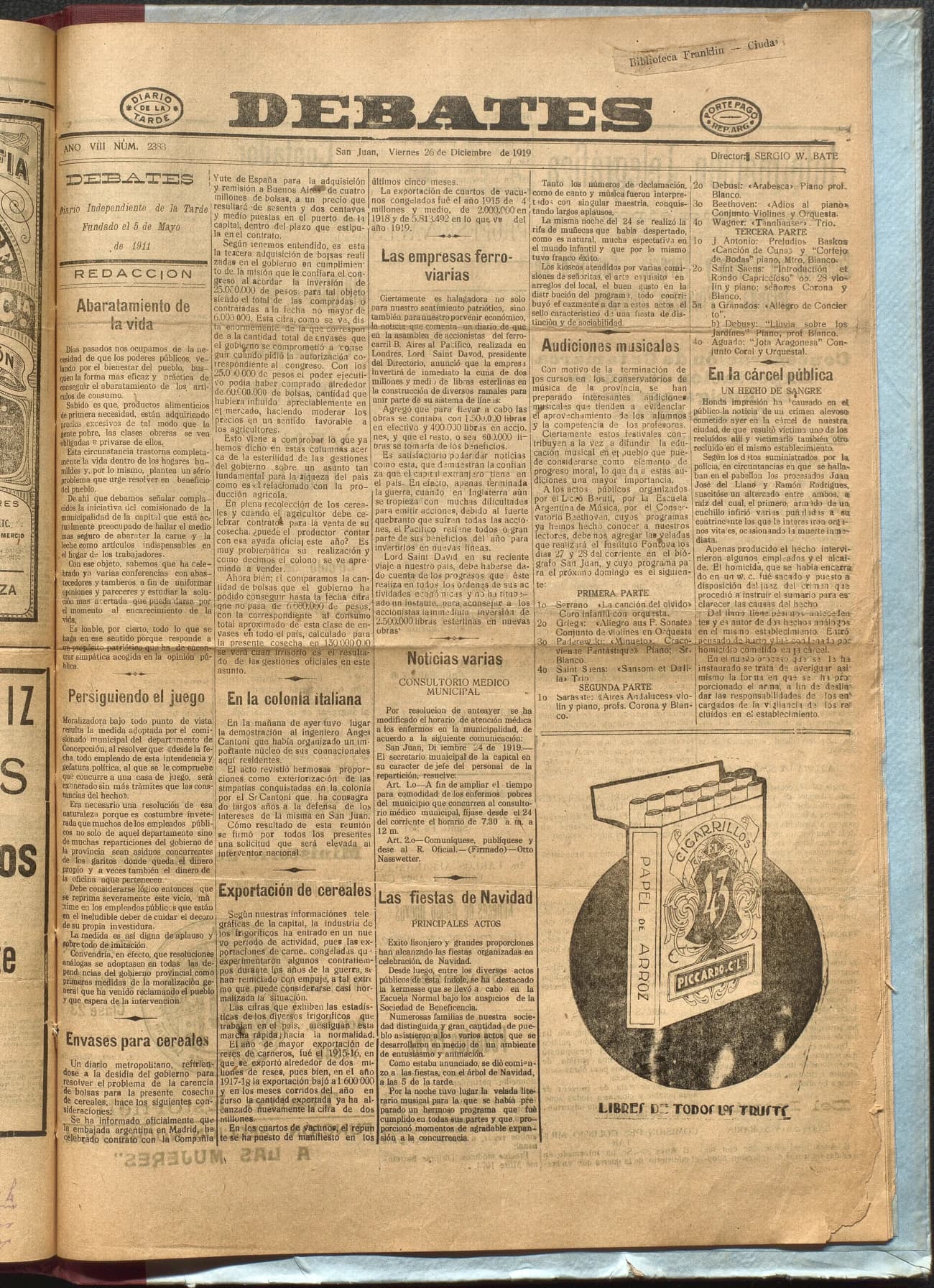 Portada · Diario Debates del 26 de diciembre de 1919