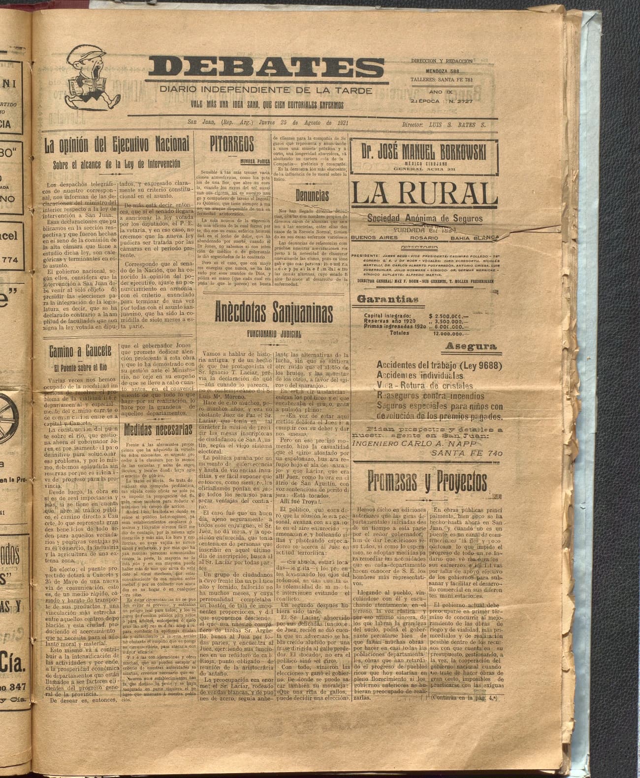 Portada · Diario Debates del 25 de agosto de 1921