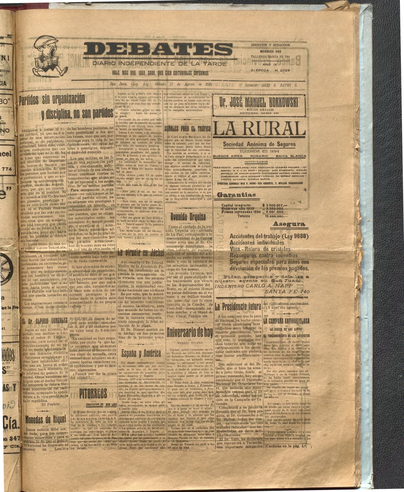 Portada · Diario Debates del 27 de agosto de 1921