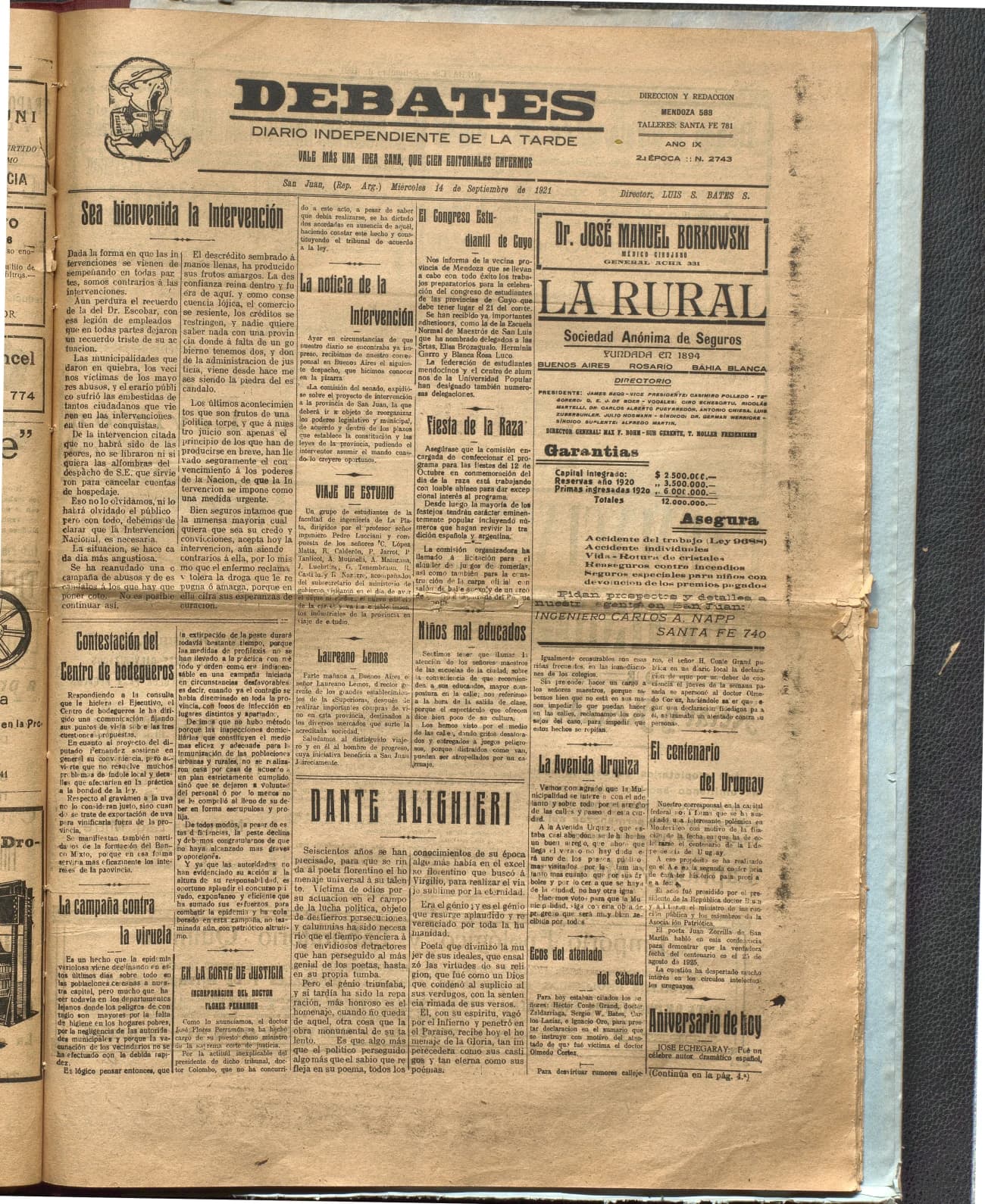 Portada · Diario Debates del 14 de septiembre de 1921