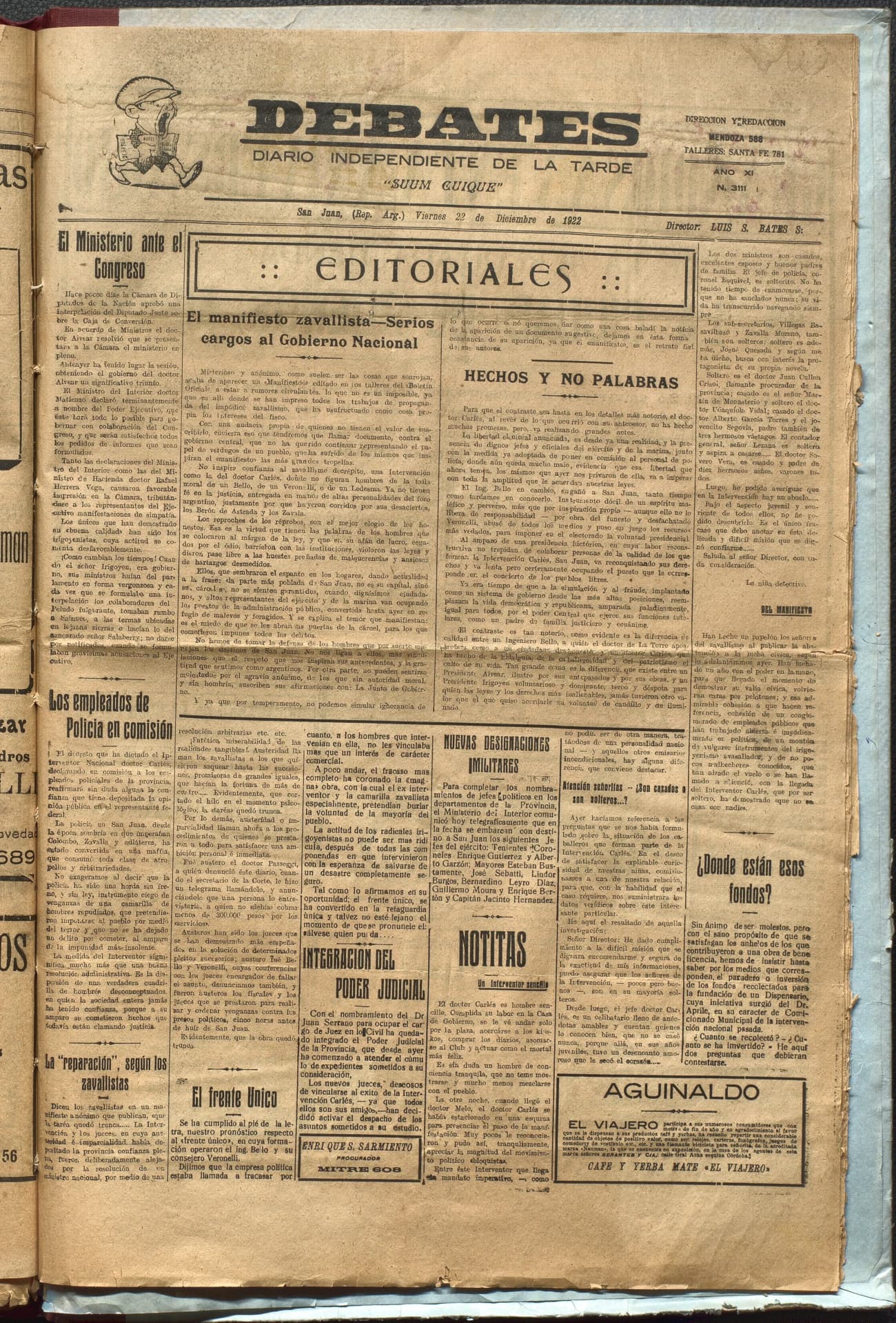 Portada · Diario Debates del 22 de diciembre de 1922