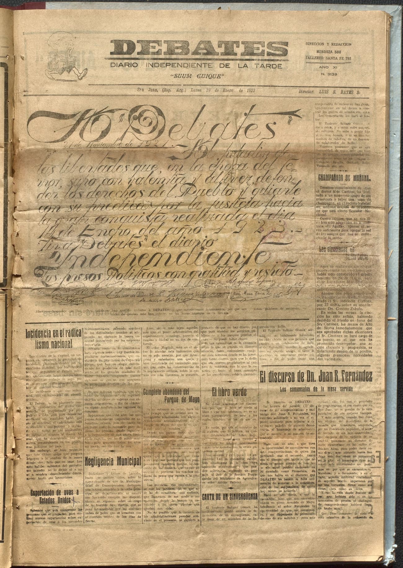 Portada · Diario Debates del 29 de enero de 1923