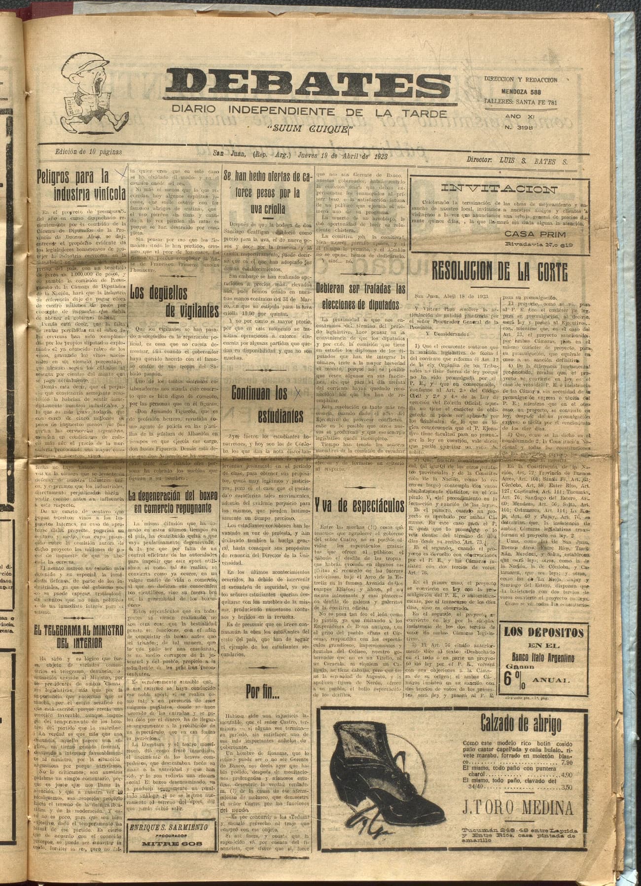 Portada · Diario Debates del 19 de abril de 1923