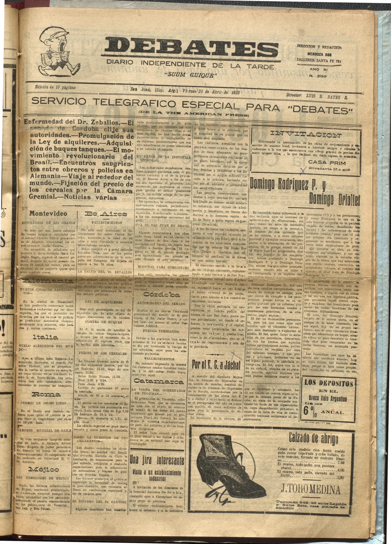 Portada · Diario Debates del 20 de abril de 1923